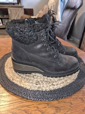 Fergie Black Lace-Up Wedge Ankle Boots with Sherpa Collar